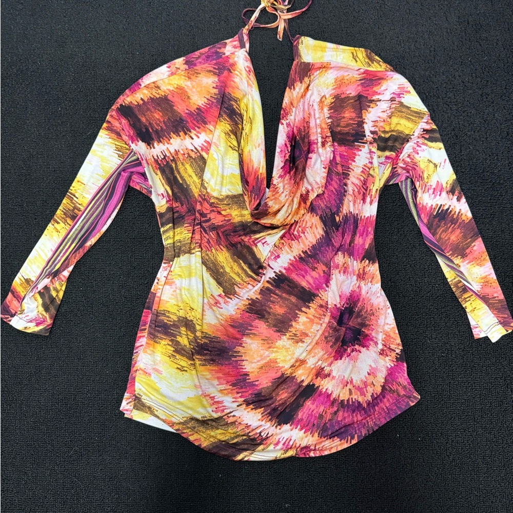 Veronica M Vibrant Multicolor Cowl Neck V Back and Tie 3/4 Sleeve Small Top - Picture 4 of 5